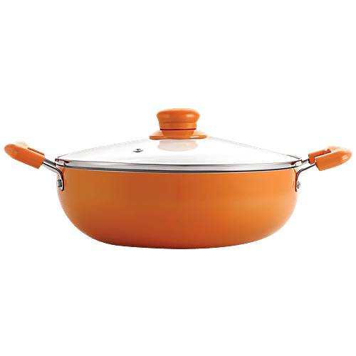 Nirlon Non-Stick Aluminium Kadai - Induction Bottom, With Glass Lid, Ceramic Coated, 24 cm, 3 mm, 3 L