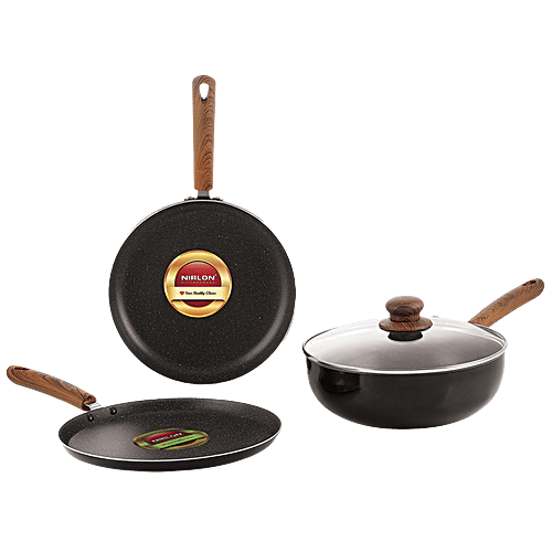 Nirlon Smoky Wood Non-Stick Cookware Pots and Pans Utensil Set with Glass Lid, 4 pcs  