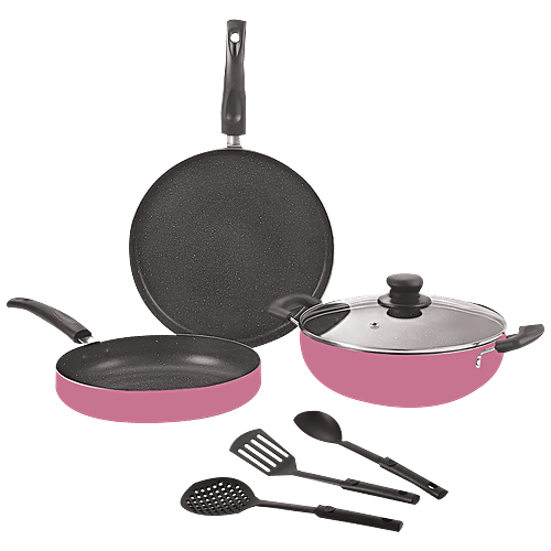 Nirlon Orchid Granite Aluminium Non-Stick Cookware Set with Glass Lid & 3 Spoon - Pink, 7 pcs  
