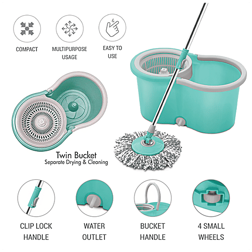 Buy Spotzero Spin Mop & Bucket With Wheels Plastic, Clip Lock Handle