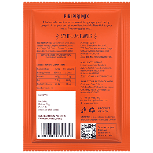 SNAPIN Piri-Piri Mix - Spicy Tangy Seasoning, Sprinkler For Snacks, Marinades, 12 g  