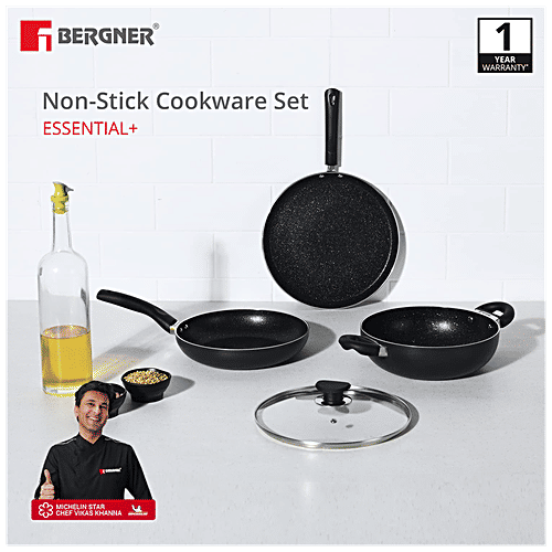 Bergner Non Stick Cookware Set - Essential+, Kadai, Lid, Frypan, Tawa, Induction Base, Black, 4 pcs  