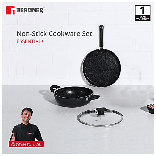 Bergner Non-Stick Cookware Set - Essential +,Kadai ,Glass Lid,Tawa, Induction Base, Black, 3 pcs  