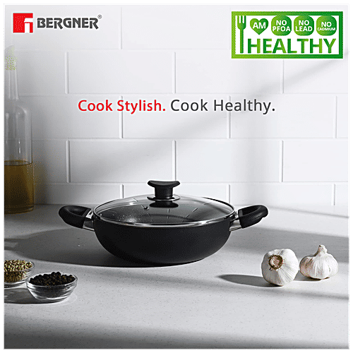 Bergner Non-Stick Cookware Set - Essential +,Kadai ,Glass Lid,Tawa, Induction Base, Black, 3 pcs  