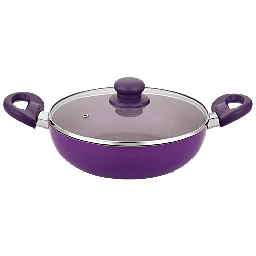Bergner Vega Non Stick Cookware Set - Kadai, Frypan, Glass Lid, Tawa, Induction Base, Purple, 4 pcs