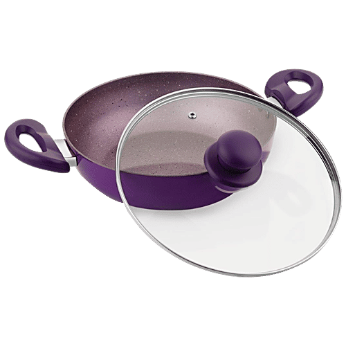 Bergner Vega Non Stick Cookware Set - Kadai, Frypan, Glass Lid, Tawa, Induction Base, Purple, 4 pcs