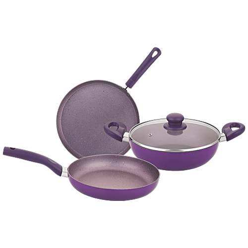 Bergner Vega Non Stick Cookware Set - Kadai, Frypan, Glass Lid, Tawa, Induction Base, Purple, 4 pcs