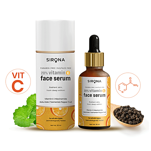 SIRONA 20% Vitamin C Face Serum for Men & Women 30 ml for Repair Skin Damage, Heals Dark Spots & Makes Skin Radiant with Niacinamide, Gotu Kola & Tasmanian Pepper Fruit, 30 ml Bottle