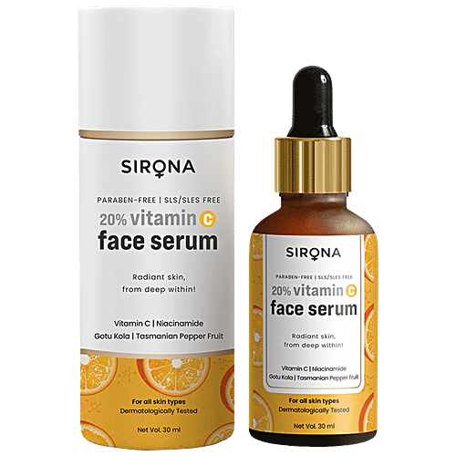 SIRONA 20% Vitamin C Face Serum for Men & Women 30 ml for Repair Skin Damage, Heals Dark Spots & Makes Skin Radiant with Niacinamide, Gotu Kola & Tasmanian Pepper Fruit, 30 ml Bottle