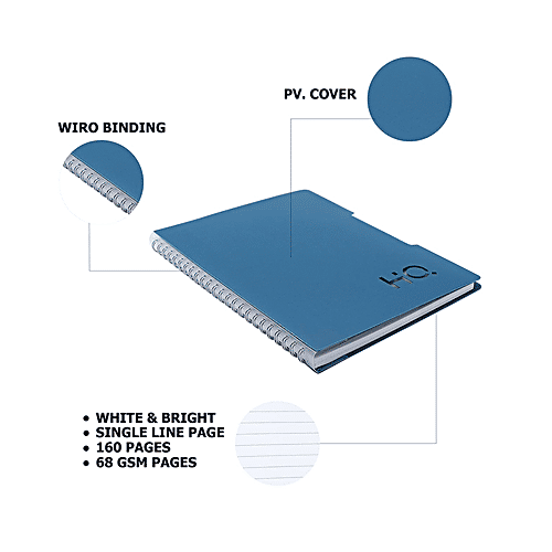 Navneet HQ Wiro Bound Notebook - Ruled, Single Line, Blue, A5, 160 Pages, 1 pc