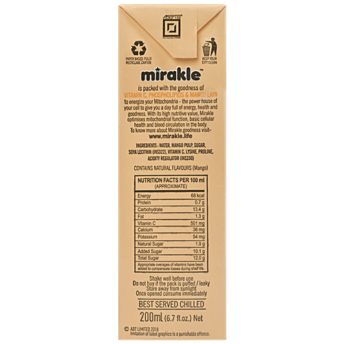 Mirakle  Vitamin C Drink - Mango, Rich In Activated Liposomal, Phospholipids & Mangiferin, 200 ml Pouch 