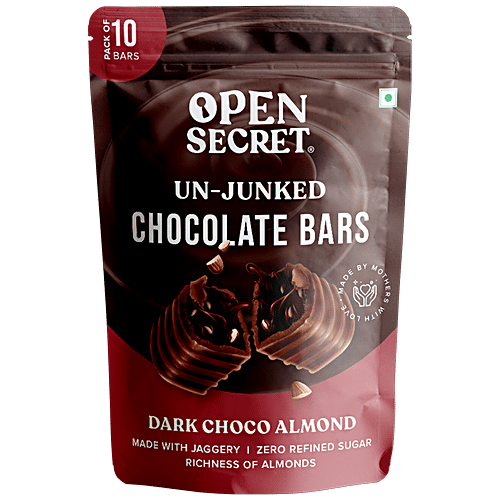Open Secret Dark Choco Almond Chocolate Bars - With Jaggery, No Refined Sugar, 150 g 10 pcs 