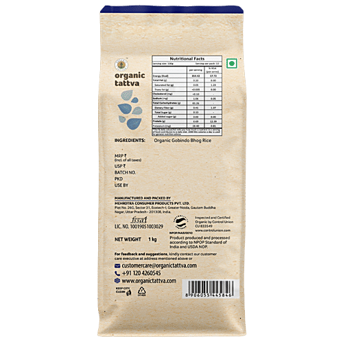 Organic Tattva Organic Gobindo Bhog Rice - Sticky, Vegan, Gluten-Free & No Additives, 1 kg Pouch