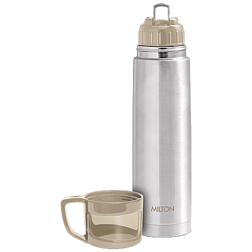 Milton Thermosteel Glassy 1000 -  Water Bottle With Cup, 24 Hrs, Hot & Cold, Grey, 1 L (1 pc) 