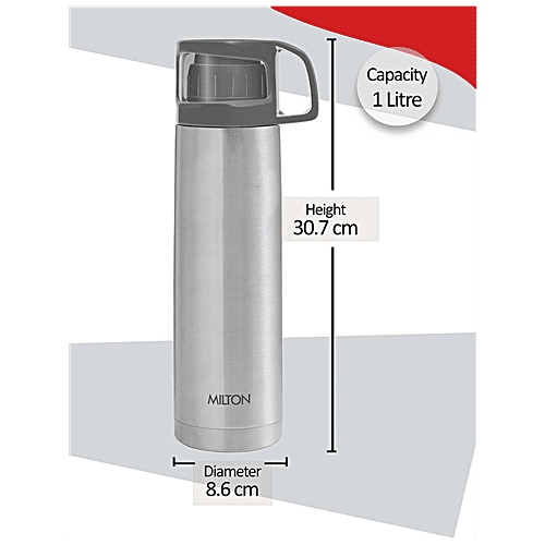 Milton Thermosteel Glassy 1000 -  Water Bottle With Cup, 24 Hrs, Hot & Cold, Grey, 1 L (1 pc) 