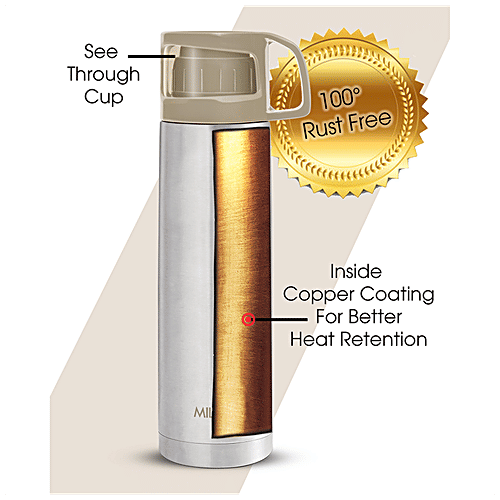 Milton Thermosteel Glassy 1000 -  Water Bottle With Cup, 24 Hrs, Hot & Cold, Grey, 1 L (1 pc) 