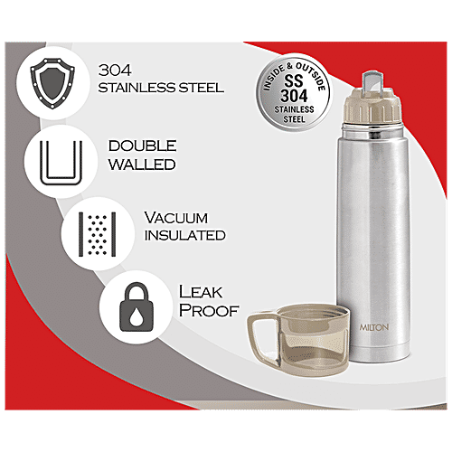 Milton Thermosteel Glassy 1000 -  Water Bottle With Cup, 24 Hrs, Hot & Cold, Grey, 1 L (1 pc) 