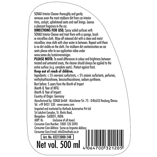 Sonax Car Interior Cleaner - Removes Tough Stains & Dirt, 500 ml