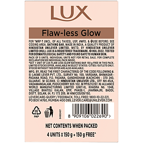 Lux Flaw-less Glow Jasmine Bathing Soap, 150 g (Buy 4 Get 1 Free) Infused with Vitamin C & E, For Superior Glow