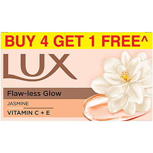 Lux Flaw-less Glow Jasmine Bathing Soap, 150 g (Buy 4 Get 1 Free) Infused with Vitamin C & E, For Superior Glow