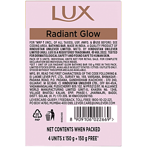 Lux Radiant Glow Rose Bathing Soap, 150 g (Buy 4 Get 1 Free) Infused with Vitamin C & E, For Superior Glow