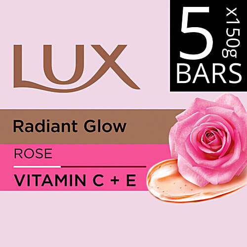 Lux Radiant Glow Rose Bathing Soap, 150 g (Buy 4 Get 1 Free) Infused with Vitamin C & E, For Superior Glow