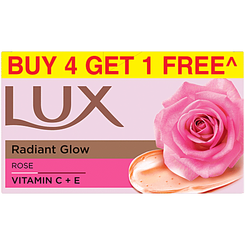 Lux Radiant Glow Rose Bathing Soap, 150 g (Buy 4 Get 1 Free) Infused with Vitamin C & E, For Superior Glow