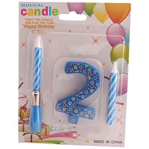 B Vishal Musical Candle With Twisted Number - 2, Smoke Free Wax, For Birthday, Anniversary, Blue, 1 pc  