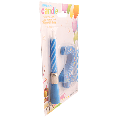 B Vishal Musical Candle With Twisted Number - 2, Smoke Free Wax, For Birthday, Anniversary, Blue, 1 pc  