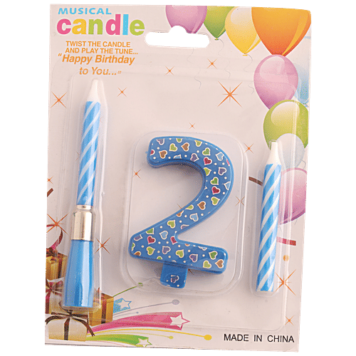 B Vishal Musical Candle With Twisted Number - 2, Smoke Free Wax, For Birthday, Anniversary, Blue, 1 pc  