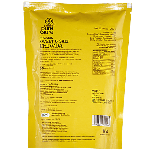 Phalada Pure & Sure Organic Sweet & Salt Chiwda - Spice Blend Of Flattened Rice With Groundnut, 200 g Pouch