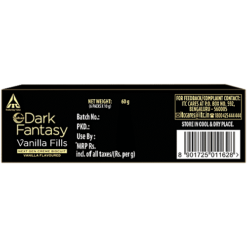 Sunfeast Dark Fantasy Vanilla Fills - Crunchy Choco Cookies With Vanilla Crème, 60 g Pouch Crunchy Choco Cookies With Vanilla Crème
