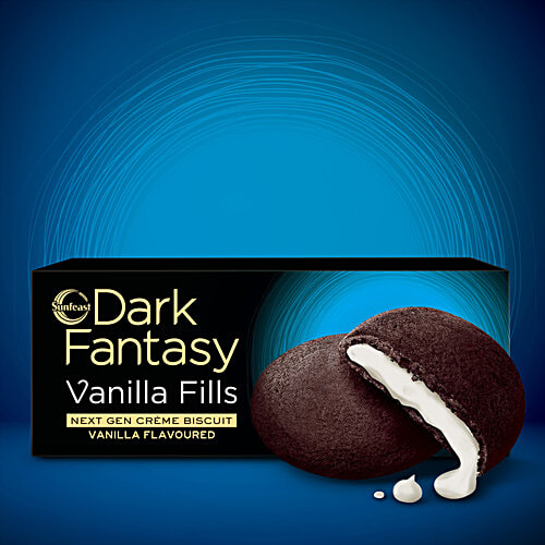 Sunfeast Dark Fantasy Vanilla Fills - Crunchy Choco Cookies With Vanilla Crème, 60 g Pouch Crunchy Choco Cookies With Vanilla Crème