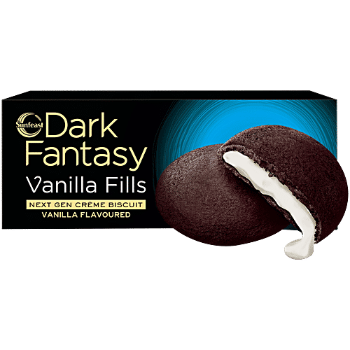 Sunfeast Dark Fantasy Vanilla Fills - Crunchy Choco Cookies With Vanilla Crème, 60 g Pouch Crunchy Choco Cookies With Vanilla Crème