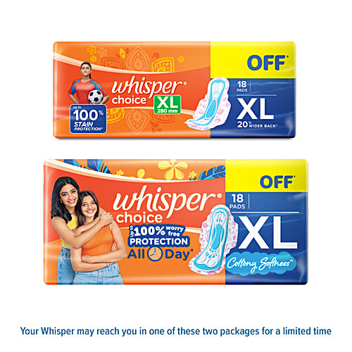 Whisper Choice Sanitary Pads - Up To 100% Stain Protection, XL, 18 pcs  