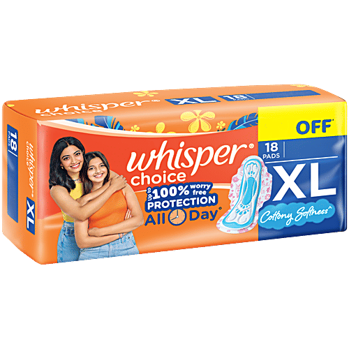 Whisper Choice Sanitary Pads - Up To 100% Stain Protection, XL, 18 pcs  