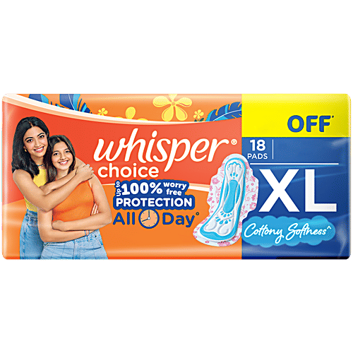 Whisper Choice Sanitary Pads - Up To 100% Stain Protection, XL, 18 pcs  