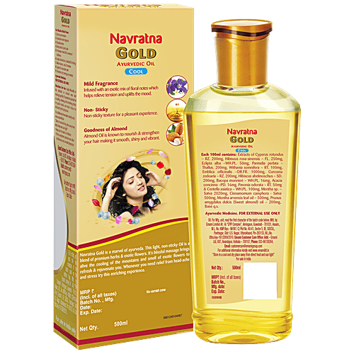 Navratna Gold Ayurvedic Cool Hair Oil - Mild Fragrance, Non-Sticky, For Rejuvenating & Relaxing, 500 ml  