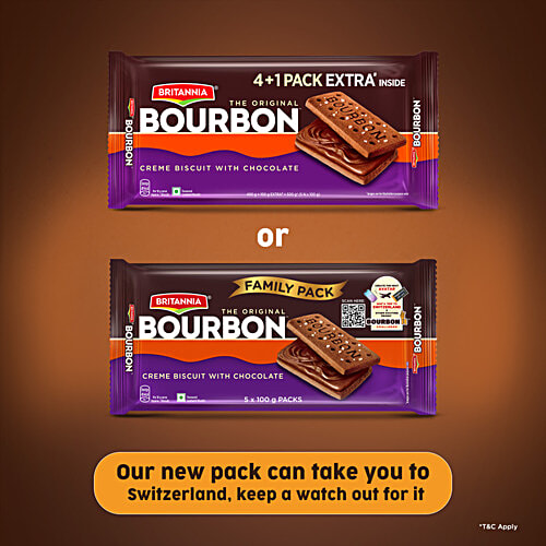 Britannia Bourbon - The Original Chocolate Creme Biscuit, 500 g (Pack of 5) Chocolatey Indulgence in every layer