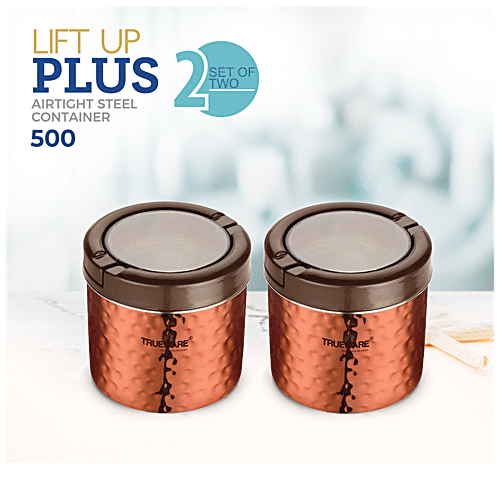 Trueware Stainless Steel Lacquer Finish Hammer Lift Up Plus Airtight Container - Durable, Food Safe, 500 ml (Set of 2) 