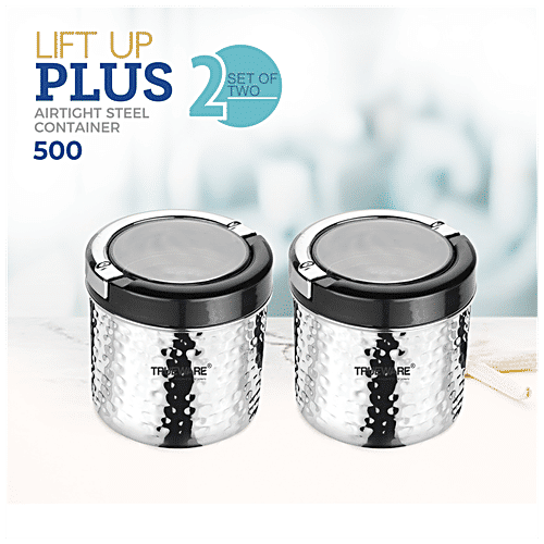 Trueware Stainless Steel Lacquer Finish Hammer Lift Up Plus Airtight Container - Durable, Food Safe, 500 ml (Set of 2) 