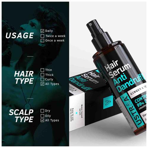 Ustraa Hair Serum - Anti Dandruff, Ginger & Tea Tree, Maintains Scalp pH Level, Removes Dead Skin Cells, 200 ml  