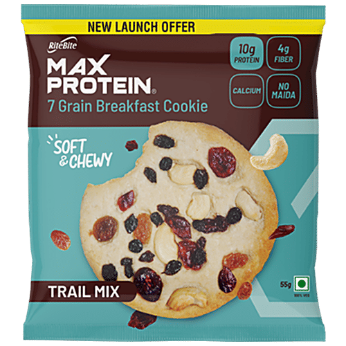 RiteBite Max Protein Max Protein Cookies - Trail Mix, 7 Grain Breakfast, Soft & Chewy, 4g Fiber & Calcium, No Maida, 55 g Box 