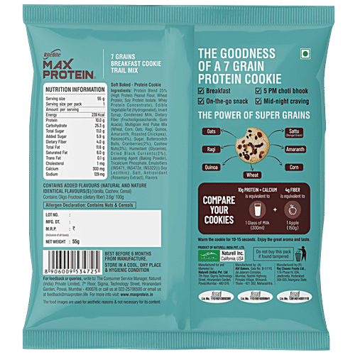 RiteBite Max Protein Max Protein Cookies - Trail Mix, 7 Grain Breakfast, Soft & Chewy, 4g Fiber & Calcium, No Maida, 55 g Box 
