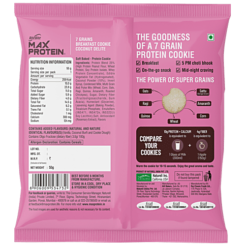 RiteBite Max Protein Max Protein Cookies - Coconut Delite, 7 Grain Breakfast, Soft & Chewy, 4g Fiber & Calcium, No Maida, 55 g Box 