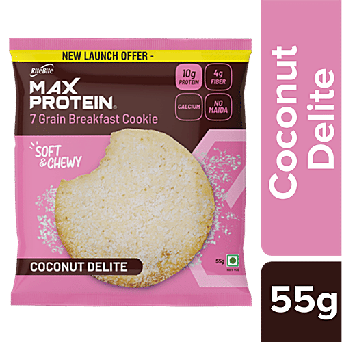 RiteBite Max Protein Max Protein Cookies - Coconut Delite, 7 Grain Breakfast, Soft & Chewy, 4g Fiber & Calcium, No Maida, 55 g Box 