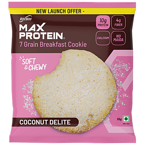 RiteBite Max Protein Max Protein Cookies - Coconut Delite, 7 Grain Breakfast, Soft & Chewy, 4g Fiber & Calcium, No Maida, 55 g (Pack of 6)