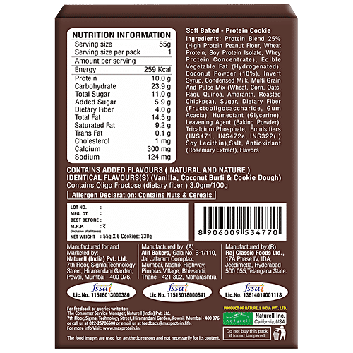RiteBite Max Protein Max Protein Cookies - Coconut Delite, 7 Grain Breakfast, Soft & Chewy, 4g Fiber & Calcium, No Maida, 55 g (Pack of 6)