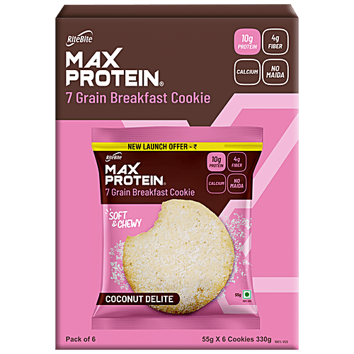 RiteBite Max Protein Max Protein Cookies - Coconut Delite, 7 Grain Breakfast, Soft & Chewy, 4g Fiber & Calcium, No Maida, 55 g (Pack of 6)