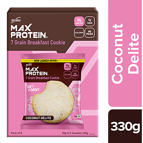 RiteBite Max Protein Max Protein Cookies - Coconut Delite, 7 Grain Breakfast, Soft & Chewy, 4g Fiber & Calcium, No Maida, 55 g (Pack of 6)